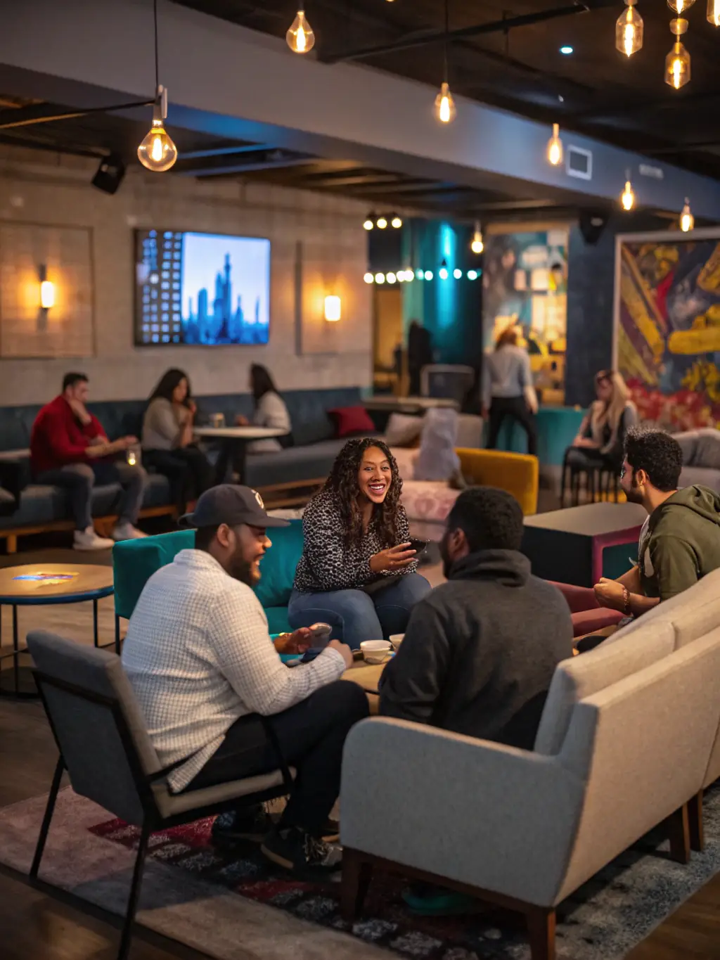 A lively photo of a Spanish film screening, with attendees enjoying the movie and engaging in discussions afterward, highlighting the cultural exchange and community engagement.