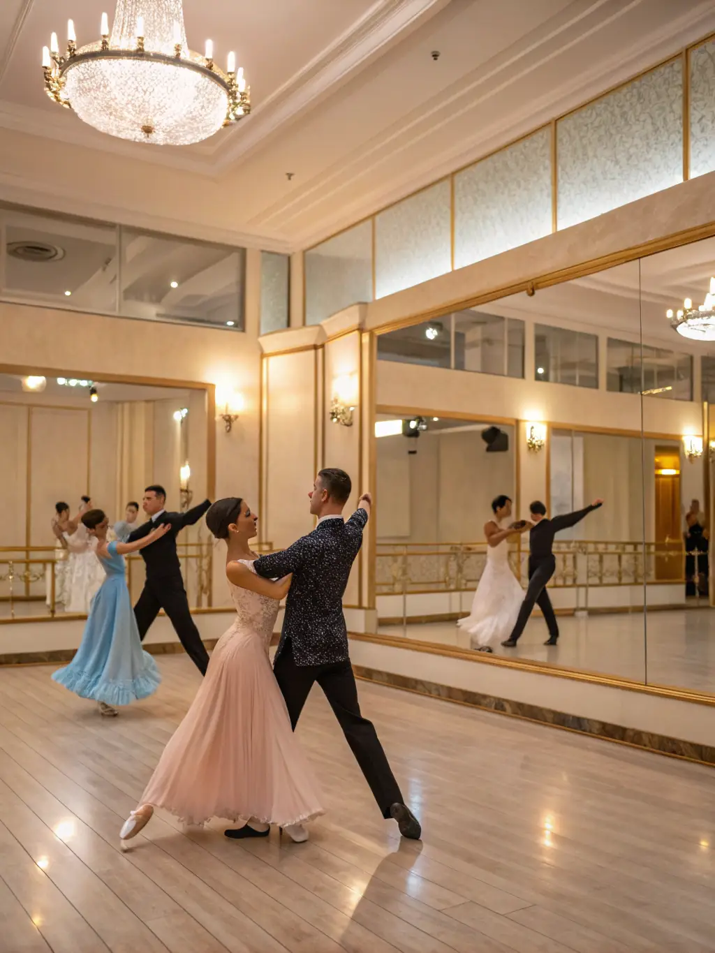 A vibrant image of a flamenco dance workshop in progress, participants of various ages learning basic steps, with a skilled instructor guiding them. The setting is a brightly lit studio with Spanish-themed decorations.