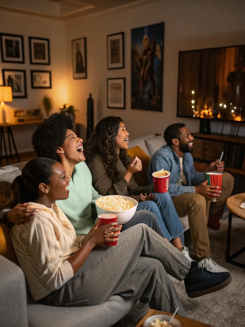 An image showcasing a Spanish film screening event, with attendees watching a classic Spanish movie. The setting is a cozy and inviting space, fostering a sense of community and cultural exchange.