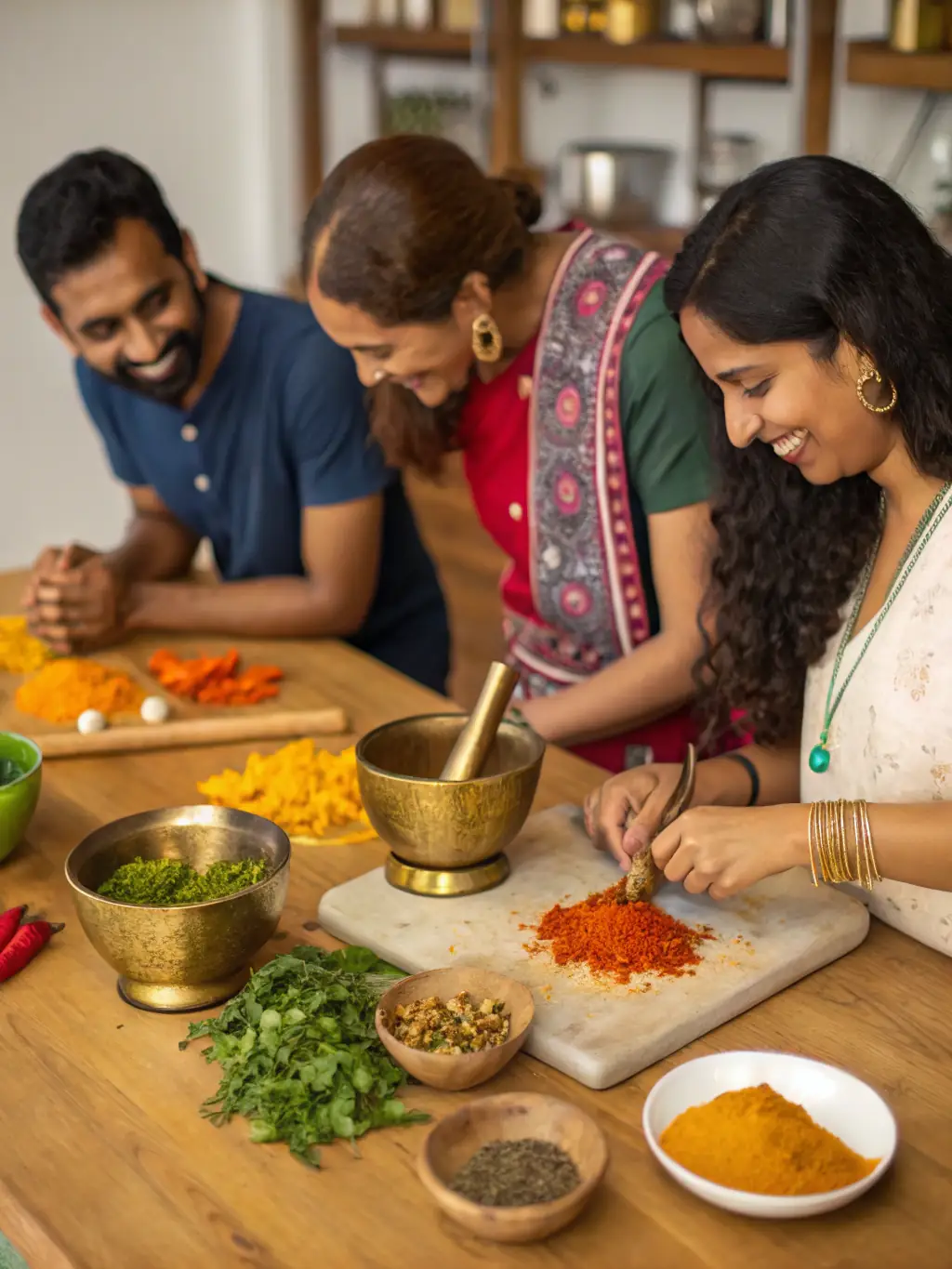 A dynamic image of a Spanish cooking class in progress, with participants actively involved in preparing traditional dishes, showcasing the hands-on learning experience.