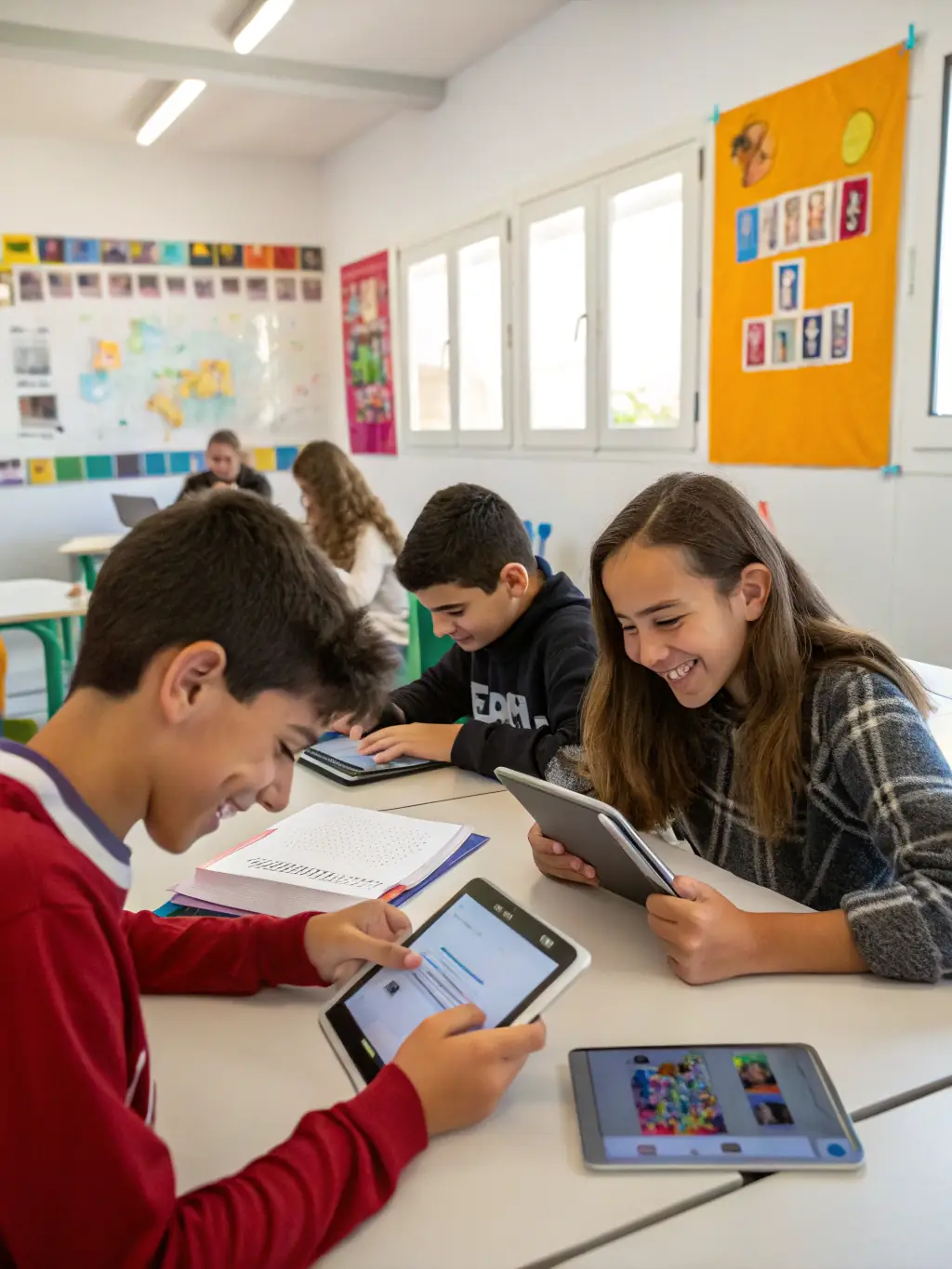 A colorful image of children participating in a Spanish language class, with engaging activities and interactive learning materials, emphasizing the fun and educational aspects.